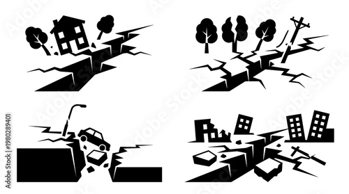 Set of vector illustrations depicting consequences of earthquake damage to buildings, infrastructure, and natural elements