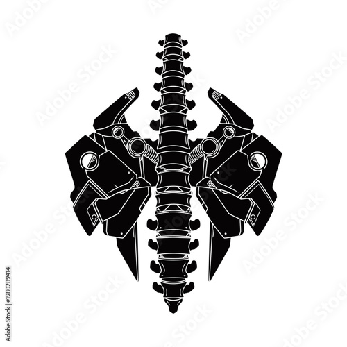 Black silhouette of a stylized human spine flanked by symmetrical mechanical wing-like structures, creating a futuristic biomechanical design.