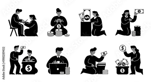 Illustrations depicting various scenarios related to financial management, savings, and wealth accumulation