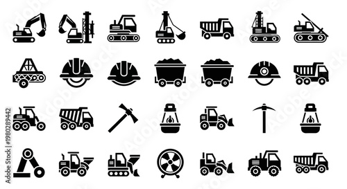 Diverse collection of industrial mining and construction icons, featuring heavy machinery, worker safety equipment, and excavation tools for engineering and building projects