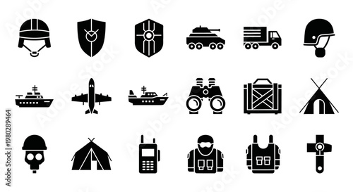 Military and defense icons including helmet, tank, airplane, ship, binoculars, cargo, tent, walkie-talkie, vest, and shield symbols