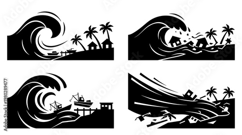 Set of four silhouette illustrations depicting the destructive force of large waves impacting coastal settlements, homes, and boats