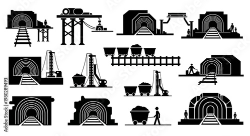 Collection of monochromatic silhouette illustrations depicting various mining entrances, machinery, and operations