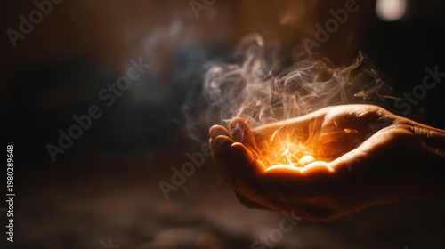 Close-up of a hand gently cradling a small, glowing ember in a dark, shadowy environment, warmth radiating from the palm. The background is blurred, suggesting an empty space filled with memories. As