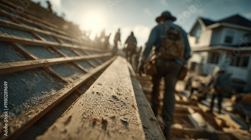Construction site with wooden boards and workers climbing ladder in sunlight, showing teamwork and outdoor labor in residential area