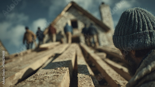 Man wearing knit hat watching group of people carrying large wooden boards up steep roof of stone house under cloudy sky