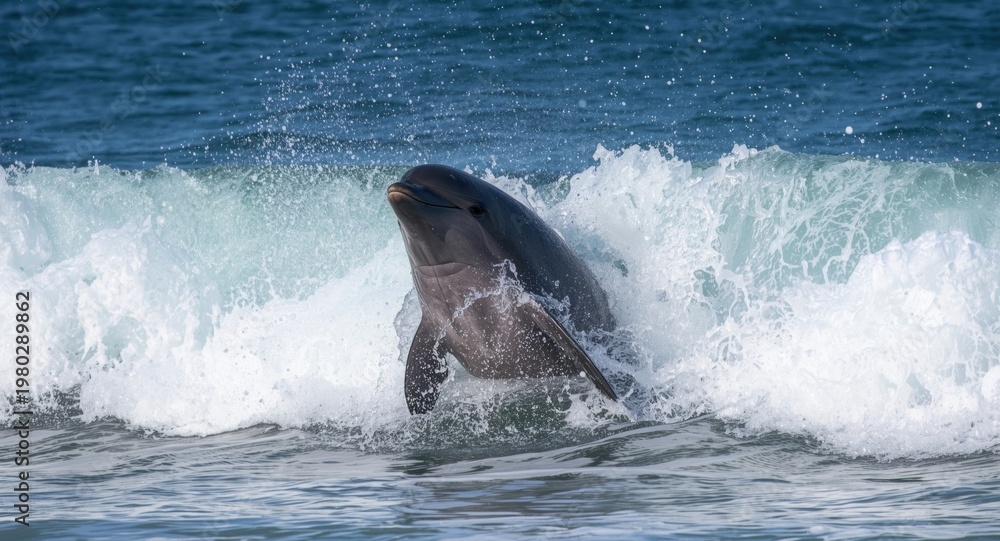 Fototapeta premium zestful dolphin playing in active sea wave breaks