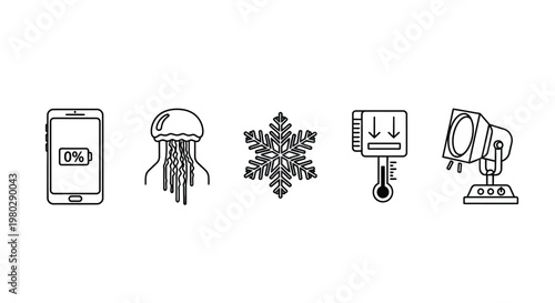 A collection of linear icons depicting a smartphone jellyfish snowflake thermometer and spotlight