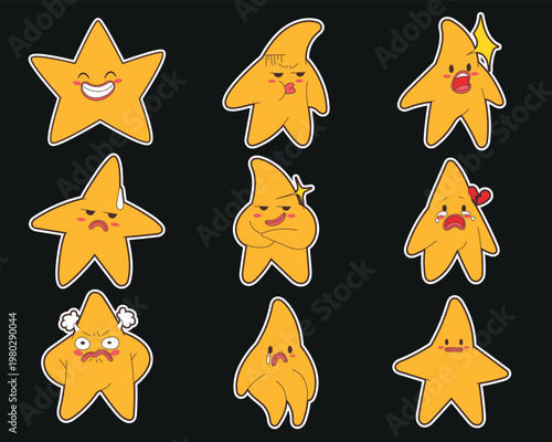 A set of glossy gold star characters with expressive faces. Perfect for customer feedback, quality rating signs, children's achievement charts, and magic celestial designs.