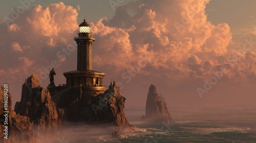 Dreamlike monumental bronze lighthouse perched on a jagged cliffside pedestal, guardian statue at the base, a warm golden-hour glow illuminating the scene, a glowing lantern within the lantern room,