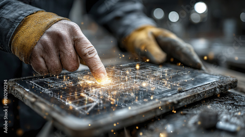 Construction drawing digital tablet hand gloves blueprint technology architecture engineering industrial planning design digital interface building plan worker close up touchscreen schematic