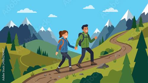 This flat design vector shows an active traveling couple enjoying a scenic hike through majestic mountains, symbolizing adventure and shared experiences.