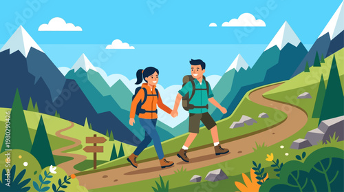 This flat design vector shows an active traveling couple enjoying a scenic hike through majestic mountains, symbolizing adventure and shared experiences.