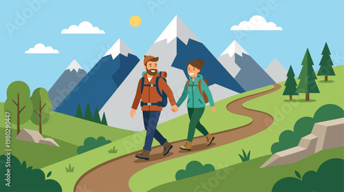 This flat design vector shows an active traveling couple enjoying a scenic hike through majestic mountains, symbolizing adventure and shared experiences.