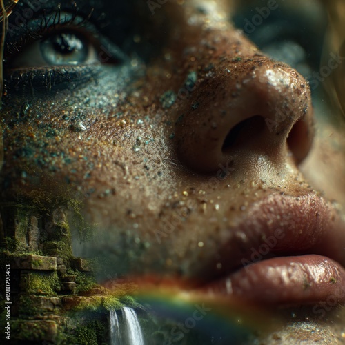 Dreamlike fusion of portrait and landscape featuring a close-up of a woman's dewy skin and lips blended with a diorama-style scene of ancient stone statues, cascading waterfall, lush moss, mist, and
