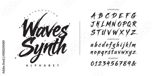 Waves Synth Brush Script Alphabet Font with Splatter Texture for Streetwear Logo and Poster Design