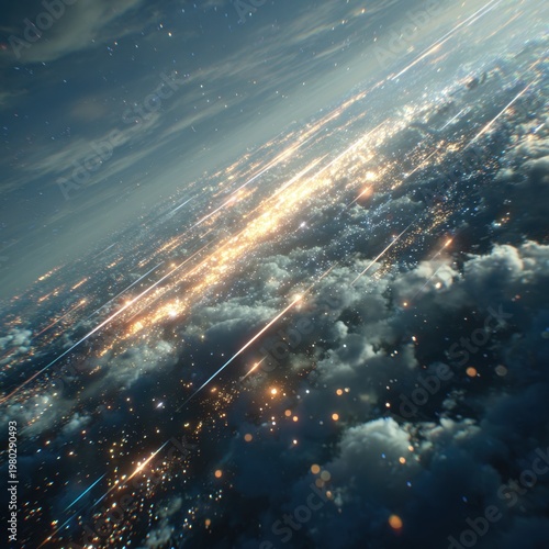 Dreamlike, cosmic landscape blending space, atmosphere, earth, clouds, horizon, and a starry night sky into a single ethereal canvas. A diagonally tilted composition bathed in cyan and gold iridescen