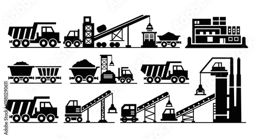 Comprehensive vector set showcasing heavy industrial machinery silhouettes, including dump trucks, conveyor belts, and processing plants for mining, construction, and material handling