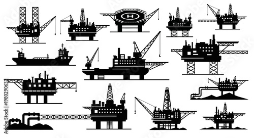 Collection of diverse black silhouettes depicting offshore oil platforms, drilling rigs, and tankers, illustrating the complex global petroleum industry and energy production infrastructure