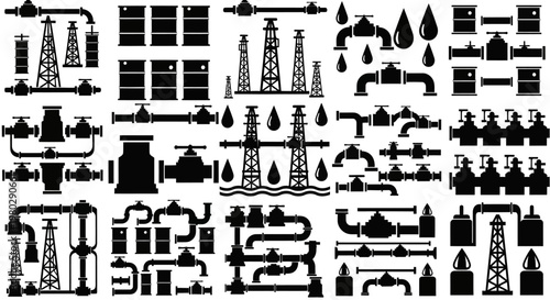 Black silhouette vector icon set of industrial oil and gas components, including drilling rigs, interconnected pipelines, control valves, and storage barrels