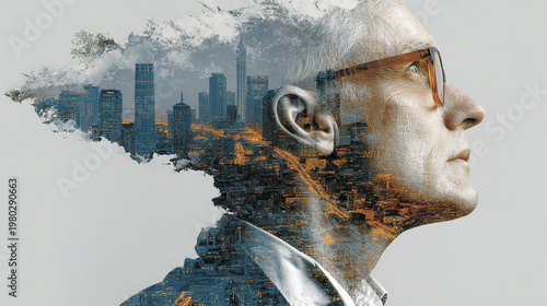 Double exposure of thoughtful elderly man wearing glasses combined with modern cityscape at dusk, blending urban architecture and human expression in creative overlay