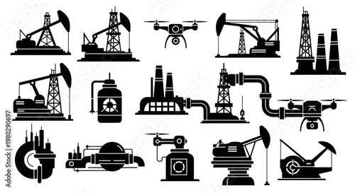 Conceptual vector icons of the oil and gas industry. Monochrome set features drilling rigs, refineries, pipelines, storage, and drones