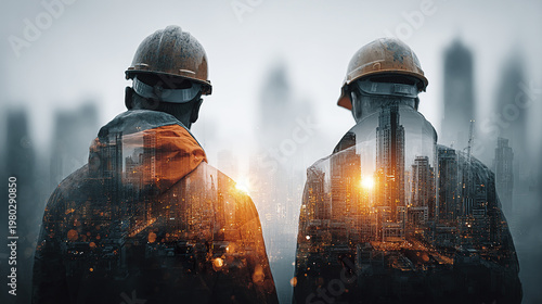 Double exposure of two construction workers wearing safety helmet and jacket with cityscape background, symbolizing urban development and teamwork in modern industrial environment