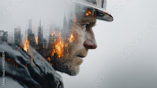 Double exposure of male engineer wearing helmet with digital cityscape burning in flames, symbolizing urban disaster and resilience in modern industrial setting