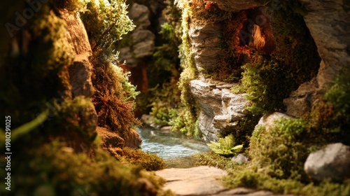 Dream-weaving diorama of a miniature landscape with mossy canyon walls, rocks, and lush foliage surrounding a delicate waterfall feeding a crystal pool; cinematic lighting creates dramatic shadows an