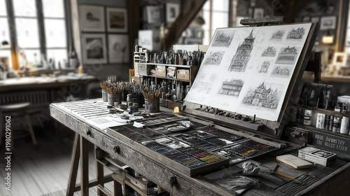 Architectural drawing workspace with pencils, brushes, and detailed sketches on wooden drafting table in cozy studio filled with art supplies and framed pictures