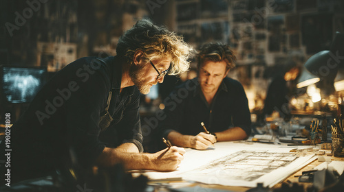 Two male architects working late on detailed architectural plans in dimly lit studio, focused and collaborating creatively on building design
