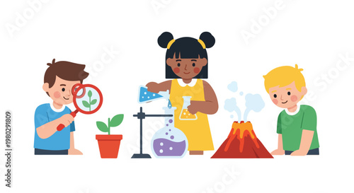 Three diverse children are happily engaged in various science experiments, including biology, chemistry, and geology, on a clean white background.