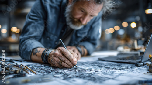 Man drawing architectural blueprint with pencil on large paper in workshop focused on detailed design work with laptop nearby and tools scattered on table