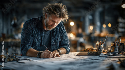Man drawing architectural blueprint on table with laptop and pencil holder in creative workspace with warm light