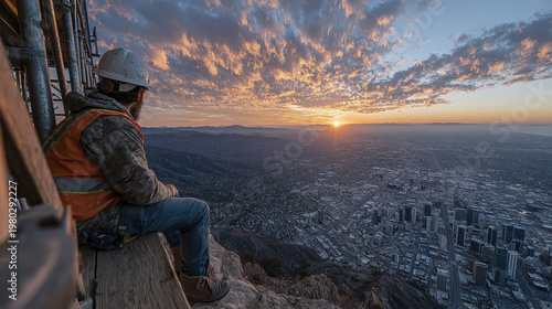 Construction worker watching sunset over cityscape from high scaffolding, feeling calm and reflective during golden hour with dramatic clouds and distant mountains