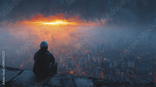 Man wearing helmet sitting on rooftop overlooking cityscape at sunset with dramatic cloudy sky and glowing horizon, creating contemplative and intense atmosphere
