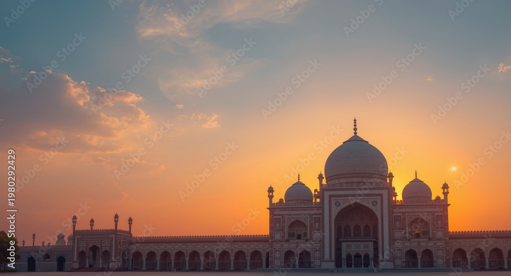 Naklejka premium Sunset hues bathing classical Islamic educational complex