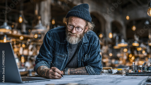 Bearded man with glasses and tattoos wearing knit hat and denim jacket working on architectural plans in cozy workshop filled with warm hanging lights and creative tools