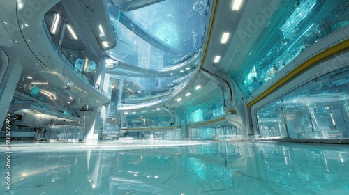 Retro-future medical research atrium with glass-and-chrome architecture, luminous cyan diagnostics, holographic interfaces, cinematic detail, clean sci-fi realism, soft volumetric lighting, ultra-det