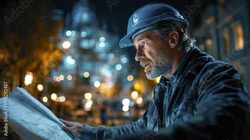 Construction worker blueprint helmet night city lights focused man beard