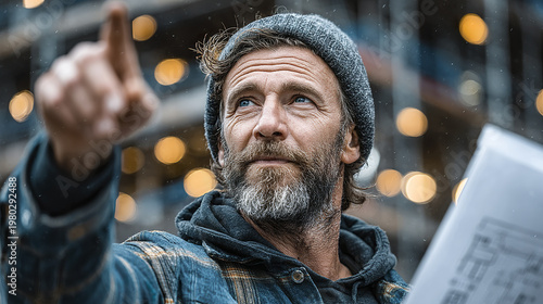 Man with beard wearing beanie and plaid jacket pointing with finger outdoors in urban setting with blurred lights and construction background, showing focused and thoughtful expression