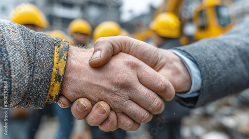 Handshake between dirty worker and businessman with blurred construction workers wearing yellow safety helmet in background, symbolizing cooperation and agreement in industrial environment