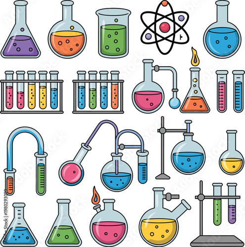Chemistry lab equipment icons collection with colorful beakers flasks test tubes and distillation tools