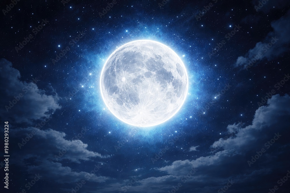 Fototapeta premium Blue night sky featuring a glowing full supermoon with a sparkling halo