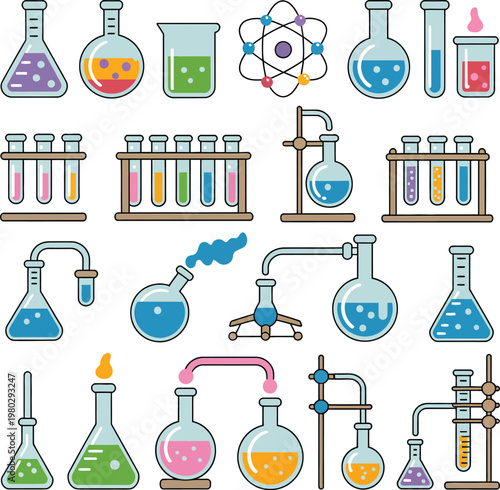 Laboratory tools cartoon science icon set with chemistry glassware beakers flasks and test tubes