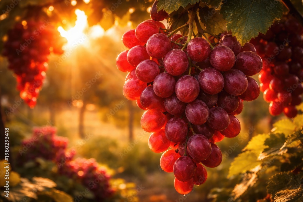 Naklejka premium Bright crimson seedless grapes basking in warm sunset light within a garden scene