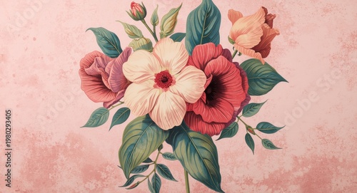 vintage inspired flower print covering pink textured surface