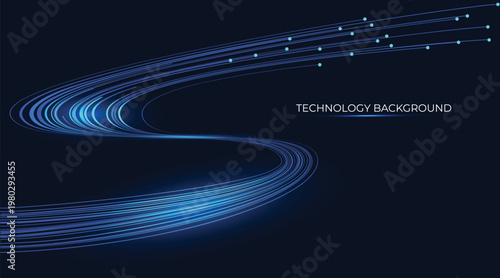 Technology background representing data transmission luminous wave lines simulating curved data flows. A cascade with synchronized movement, data transfer, neural networks. Futuristic innovative