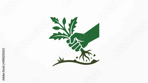 Green Icon of Hand Pulling Weeds from Soil