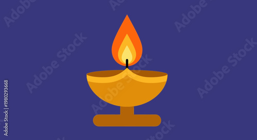 Diwali diya lamp with flame on blue background